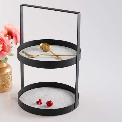 European Style Round Marble Cake Rack Two-layer Snack Tray Cake Stand Display with Black Hand