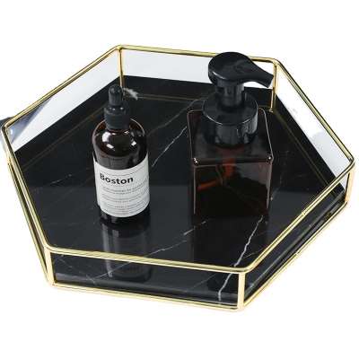 Wholesale Eco-friendly Black Hexagon Marble Jewelry Serving Tray with Iron Wire Handle