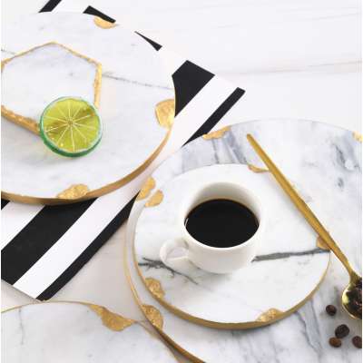 Wholesale Home Decor Customized Natural Marble Serving Trays Mable Coaster with Gold Edge Collision